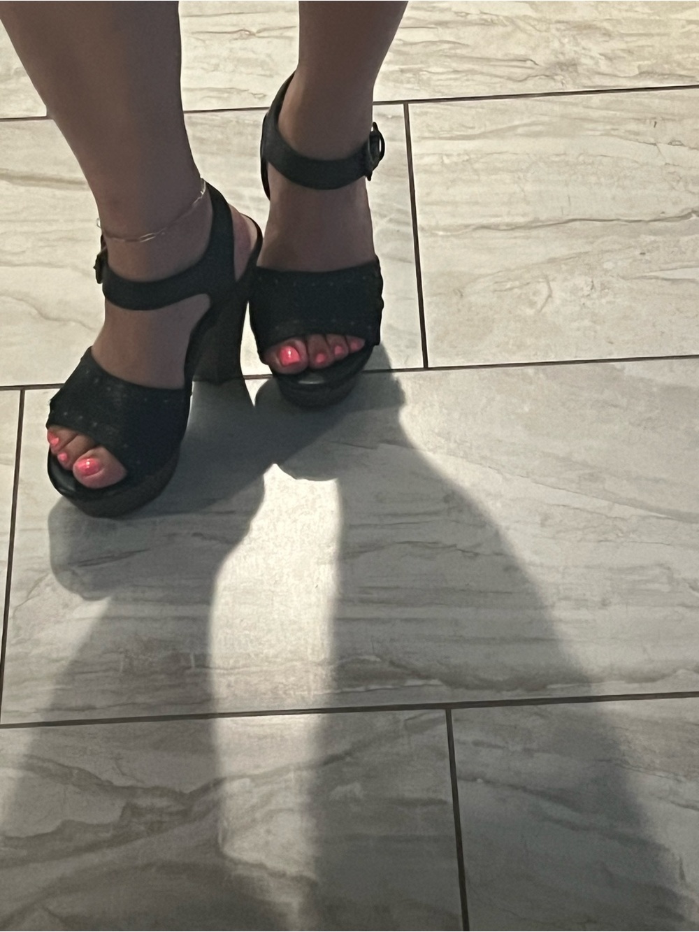 Women's Black Platform Ankle-Strap Block Heels